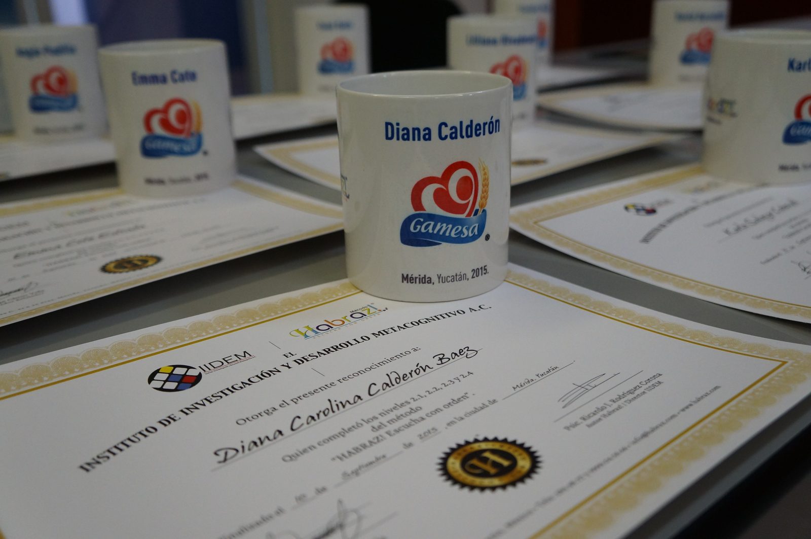 Taza personalizada Gamesa junto a diploma de certificación Habraz