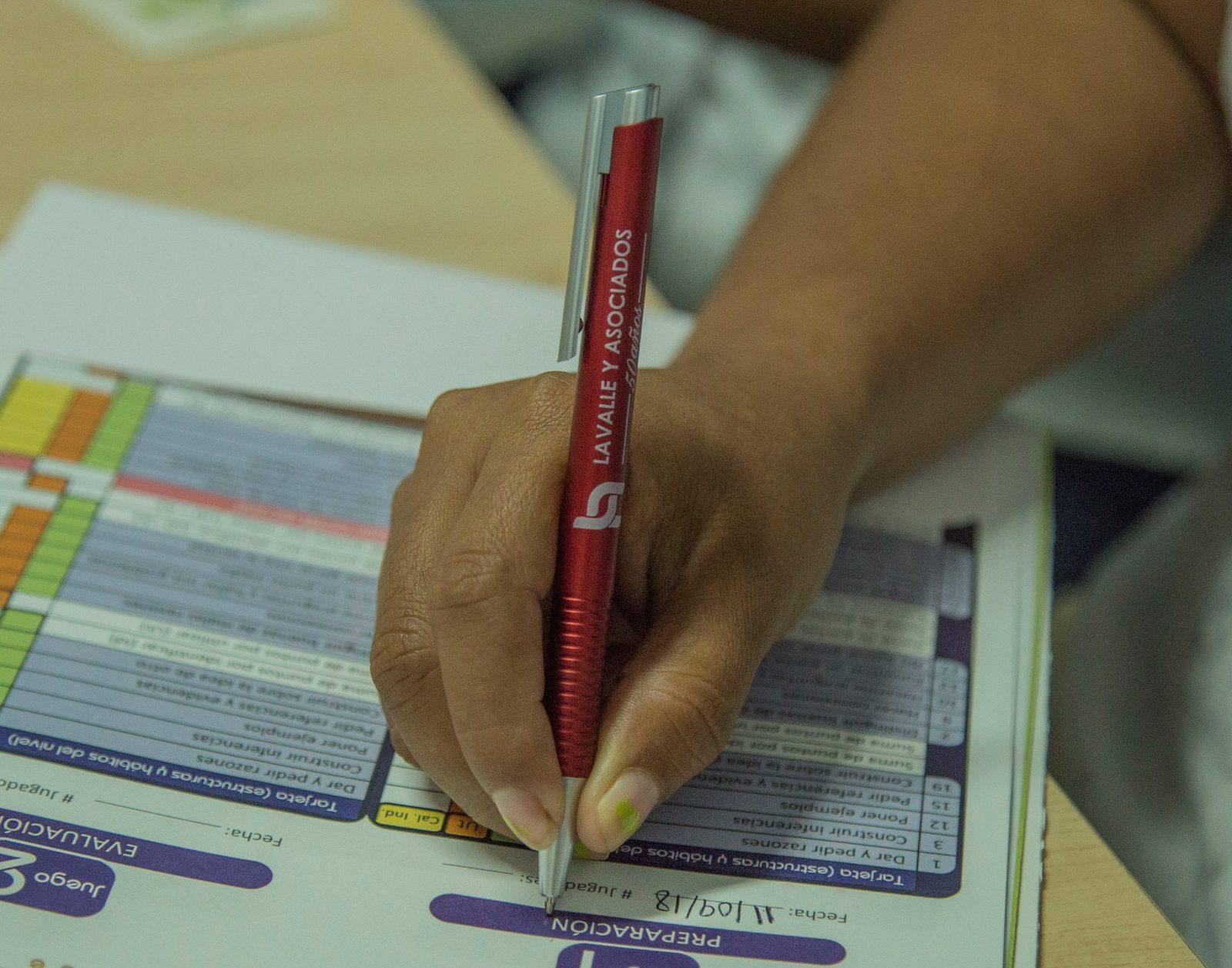 Pluma con logotipo de Lavalle y Asociados sobre hoja de evaluación de resultados Habraz